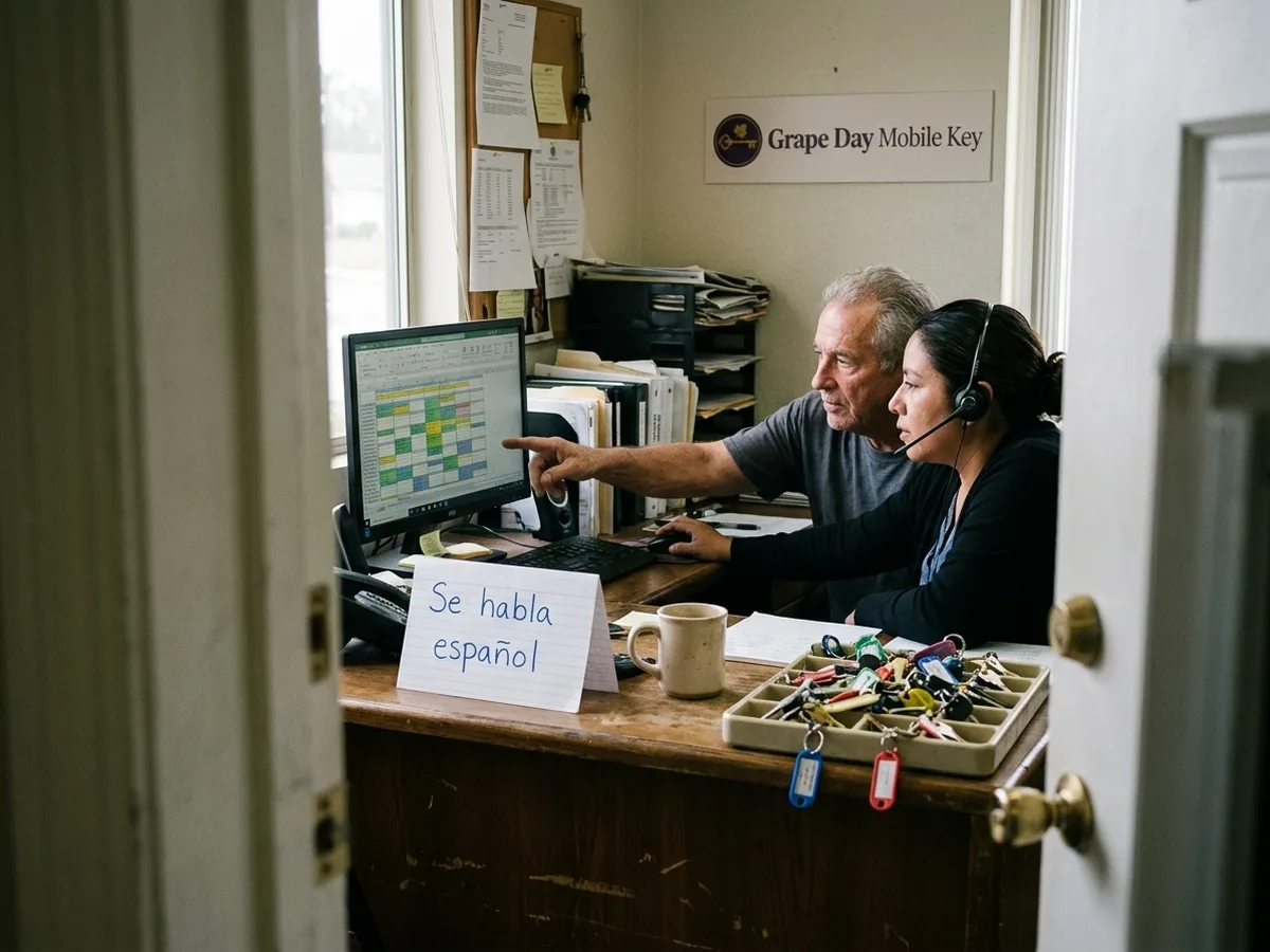 Owner and bilingual dispatcher at the desk with the phone and a handwritten Se habla español card