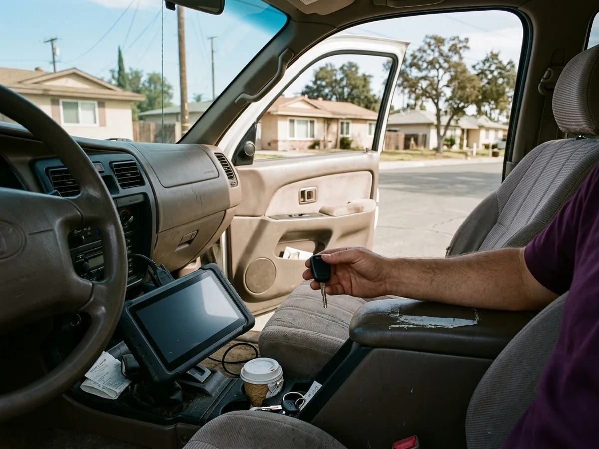 Programmer plugged into the diagnostic port under the dash of an early-2000s pickup on a residential street in east Escondido