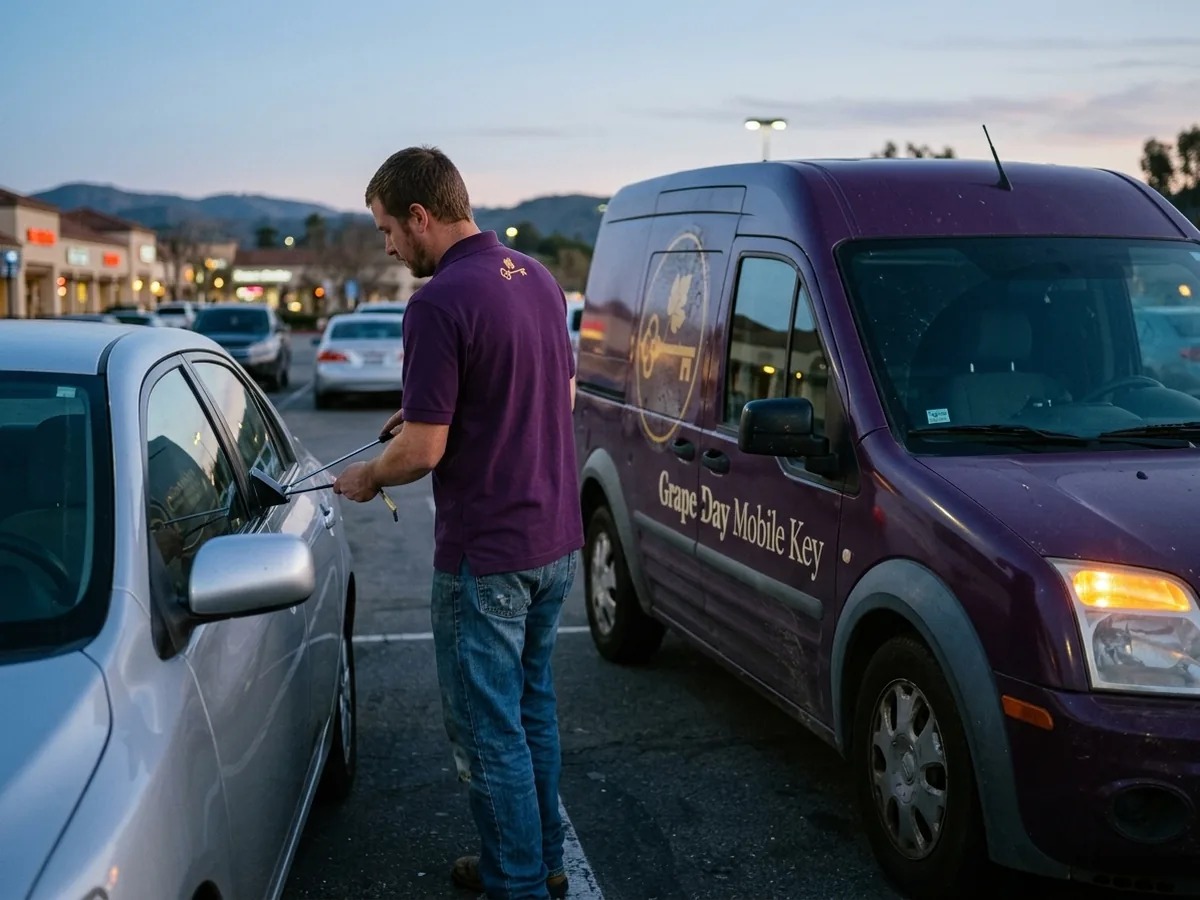 Technician at the driver door of a silver sedan at dusk in a shopping-center lot off Via Rancho Parkway, the van parked beside it with its lights on