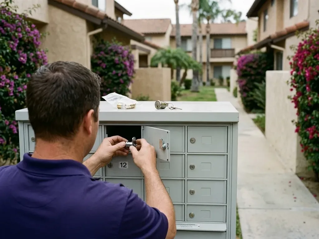 Cluster mailbox bank at a 1980s condo complex with a technician replacing one compartment lock