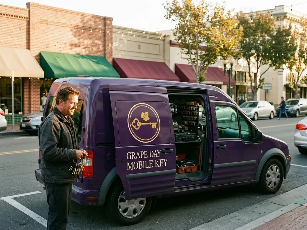Tony Pierce beside the purple van on Grand Avenue with the downtown historic storefronts behind, late afternoon