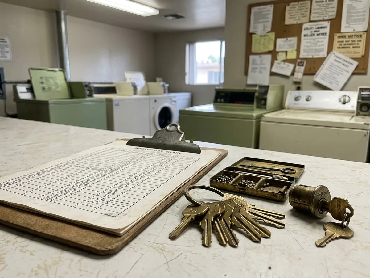 Master-key chart and a ring of stamped, numbered keys on a clipboard on the laundry-room counter of a 1970s two-story apartment complex off East Valley Parkway