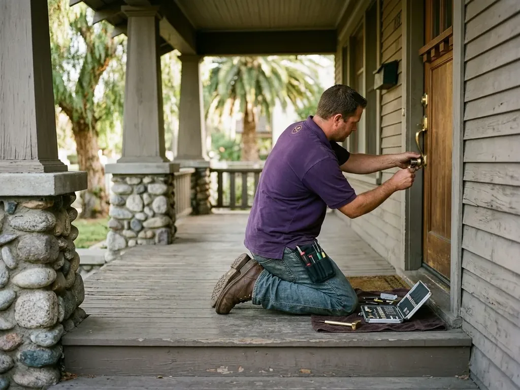 Technician rekeying a deadbolt on the porch of a Craftsman bungalow in the Old Escondido Historic District